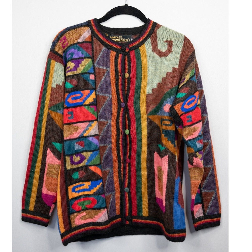 Vintage Links Fashion Alpaca Cardigan Sweater Womens L Multi Color Geometric